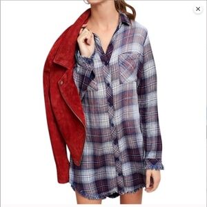 Anthropologie Cloth Stone Women's  Frayed Plaid Western Flannel Shirt Dress Sz S